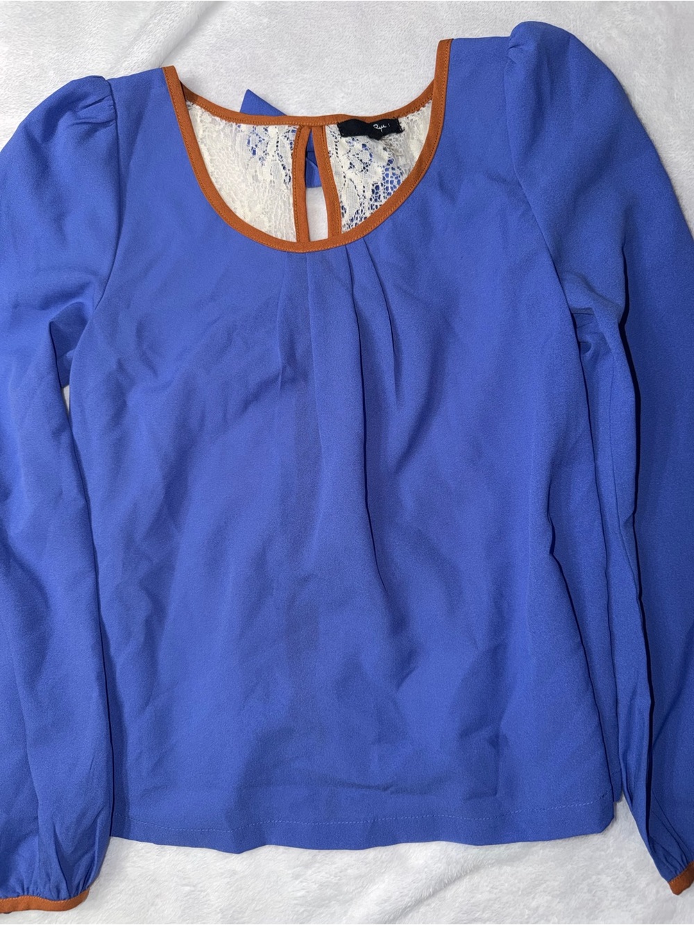 Ryu Royal Blue Long Sleeve Blouse with Lace Back and Tan Trim